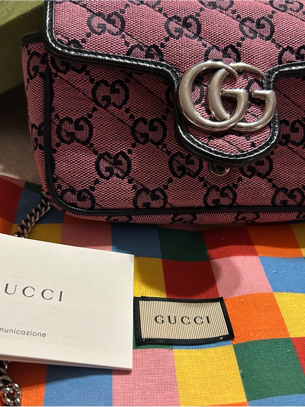 Gucci GG Marmont Canvas Super Mini Shoulder Bag. Pink and Navy. Bag, Box, Tags
